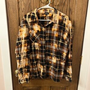 America Land of the Free Orange Brown Plaid Flannel Button Shirt Large